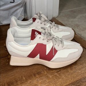 New Balance Cream and Red Sneakers with Classic Silhouette